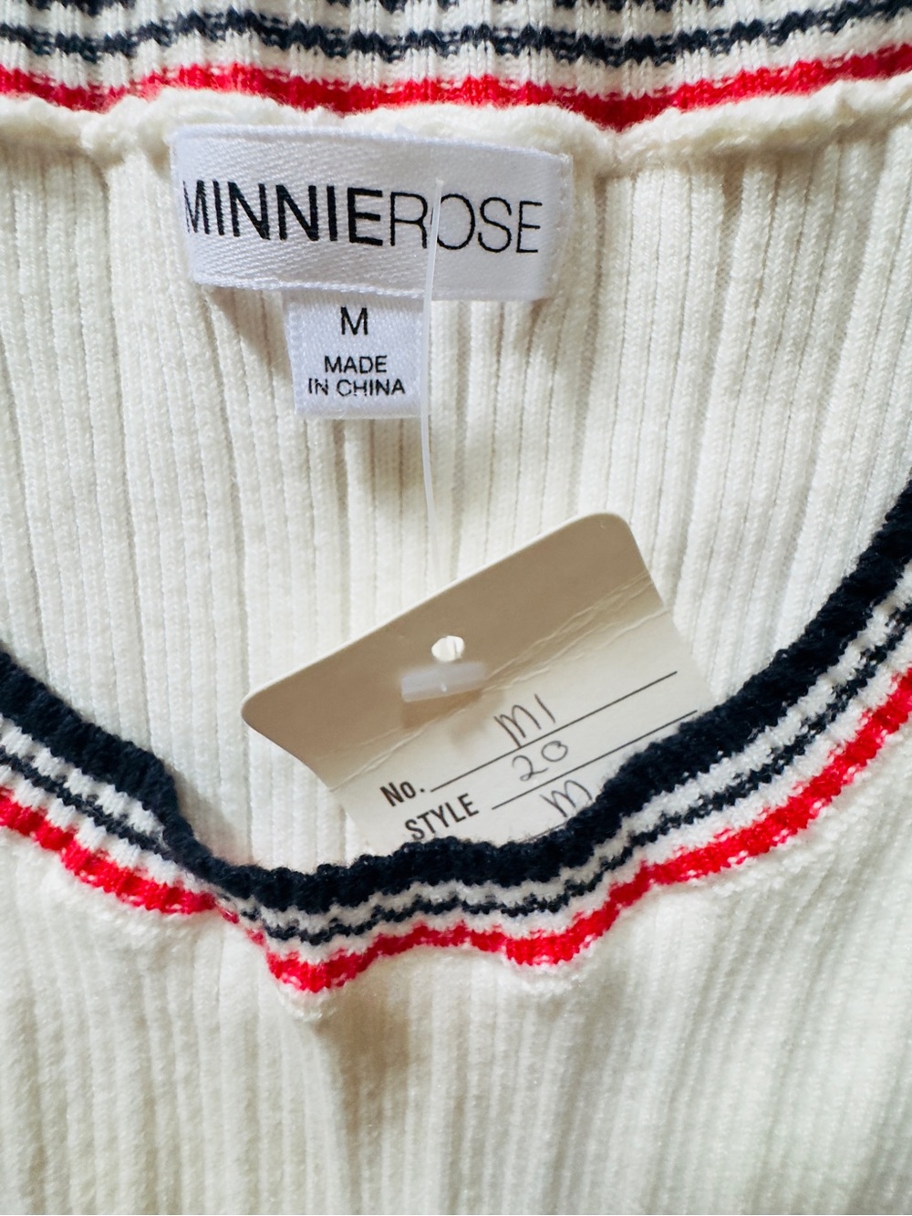 Minnie Rose Cream Ribbed Tank with Black & Red Stripe Trim Size Medium - Picture 4 of 5